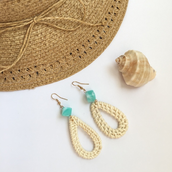 Woven Rattan Aqua Beach Dangle Earrings - Picture 2 of 4